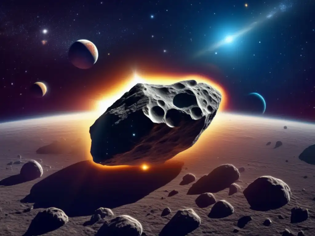 A striking photorealistic picture of Asteroid Glaucus, brilliantly illuminating the cosmos with complex celestial surroundings and radiant nebulae