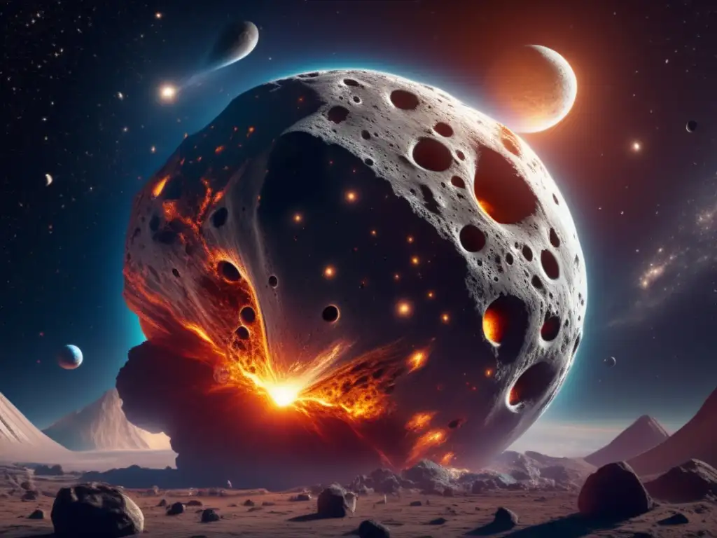 Ultradetailed Asteroid: Caught in Cosmic Chaos A colossal asteroid looms closer, surface etched with symbolic patterns and holes, glowing brightly in the twilight sky