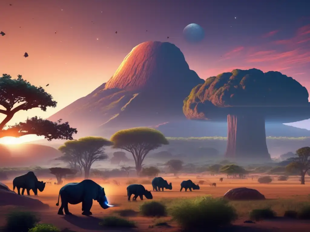 A photorealistic image of a mysterious asteroid casting a dim, eerie glow over a dense, vibrant African landscape