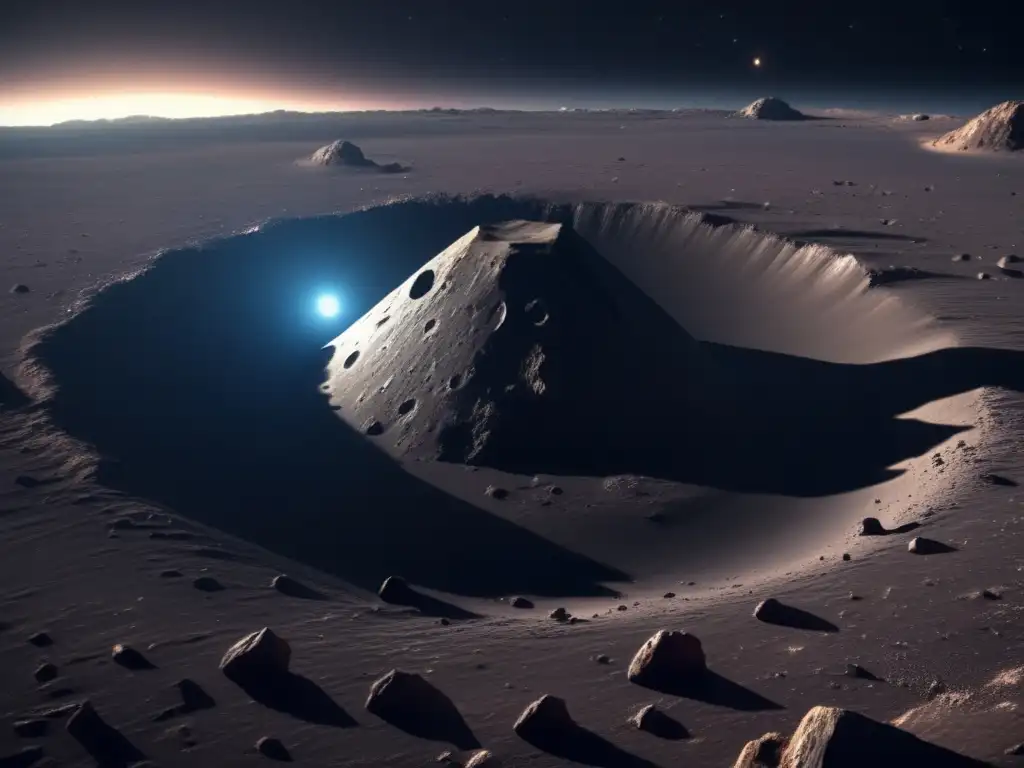 Dark Asteroid Mystery: Glowing Crater Inside A captivating photorealistic portrait of a dark, jagged asteroid, with a mysterious glowing crater on its surface