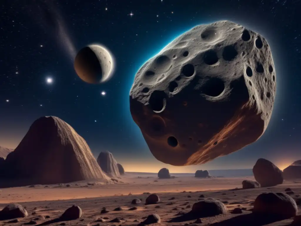 A stunning asteroid with detailed grooves and pits glows in a void filled with celestial bodies