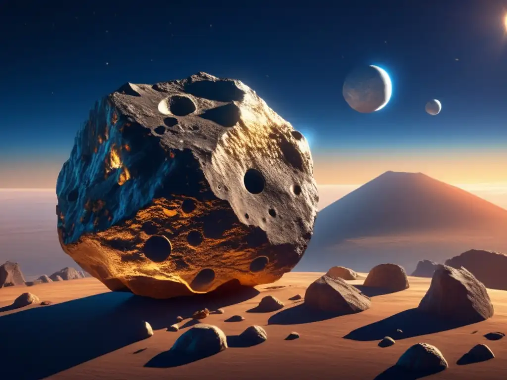 Dash - A celestial masterpiece, capturing the essence of space, with an asteroid as its centerpiece, floating against a vast blue canvas, under the golden glow of the sun, showcasing its intricate geological wonders