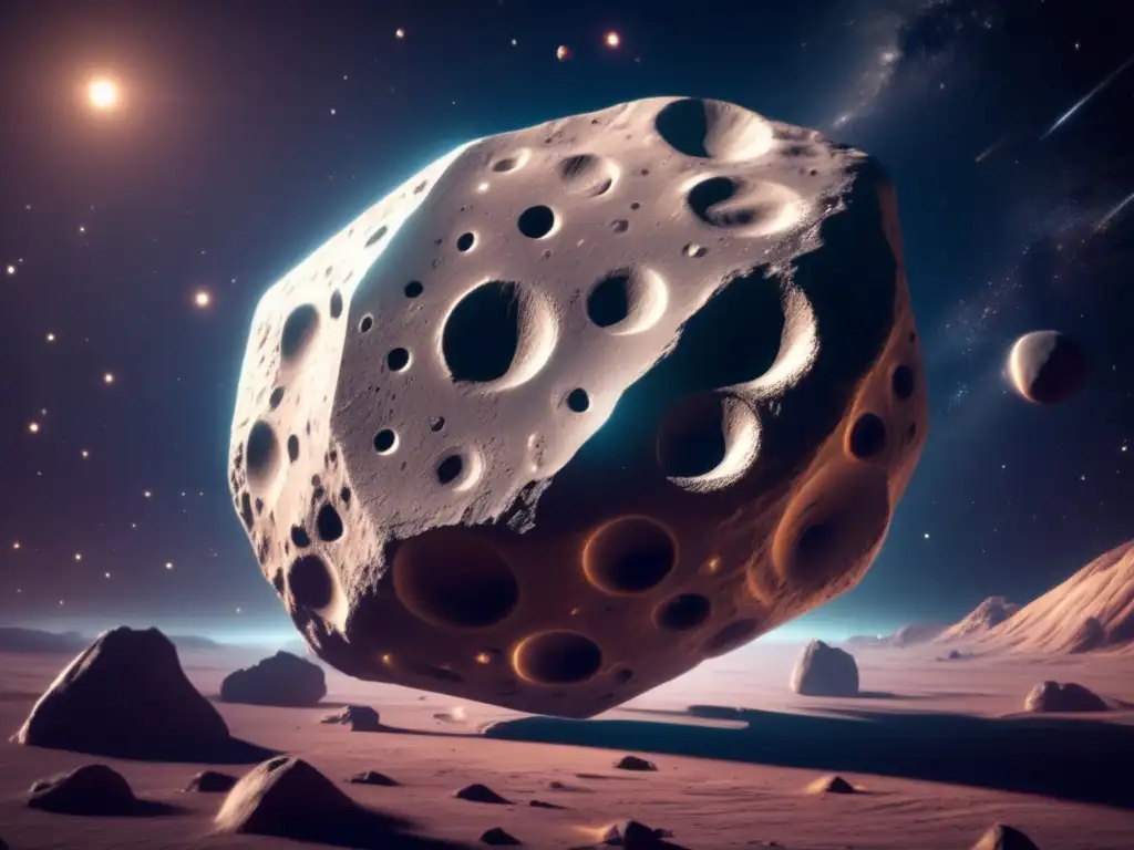 A mystical asteroid with intricate patterns of grooves glows ethereally against a vast cosmic background