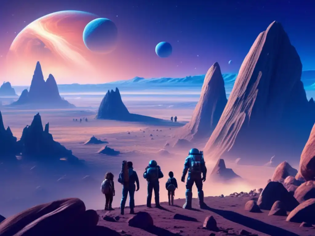 Vision from the Edge: A Flawless Depiction of Galactic Exploration A breathtaking view of a group of explorers on an asteroid, standing atop jagged rock formations and gazing at the vast expanse of space beyond them