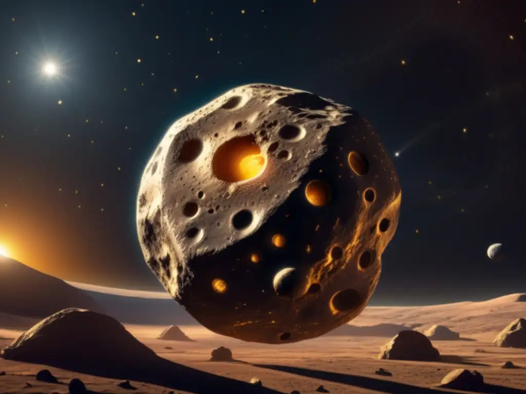 Guardian of the Sun: An Ancient Myth embodied in Space A golden asteroid hovers in space, its intricate markings and deep craters symbolizing the depth and complexity of ancient Persian mythology