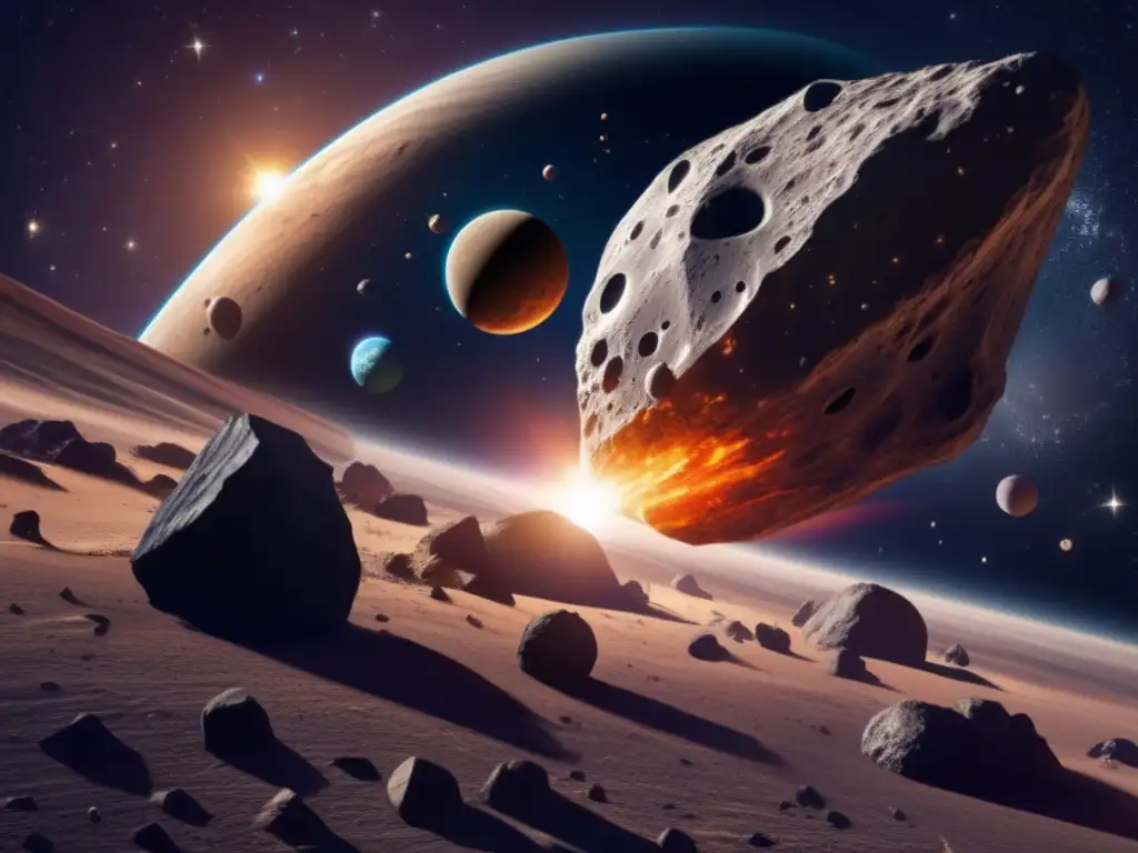 In this breathtaking image, an asteroid is surrounded by planets, stars, and space debris, emphasizing the vastness of the universe