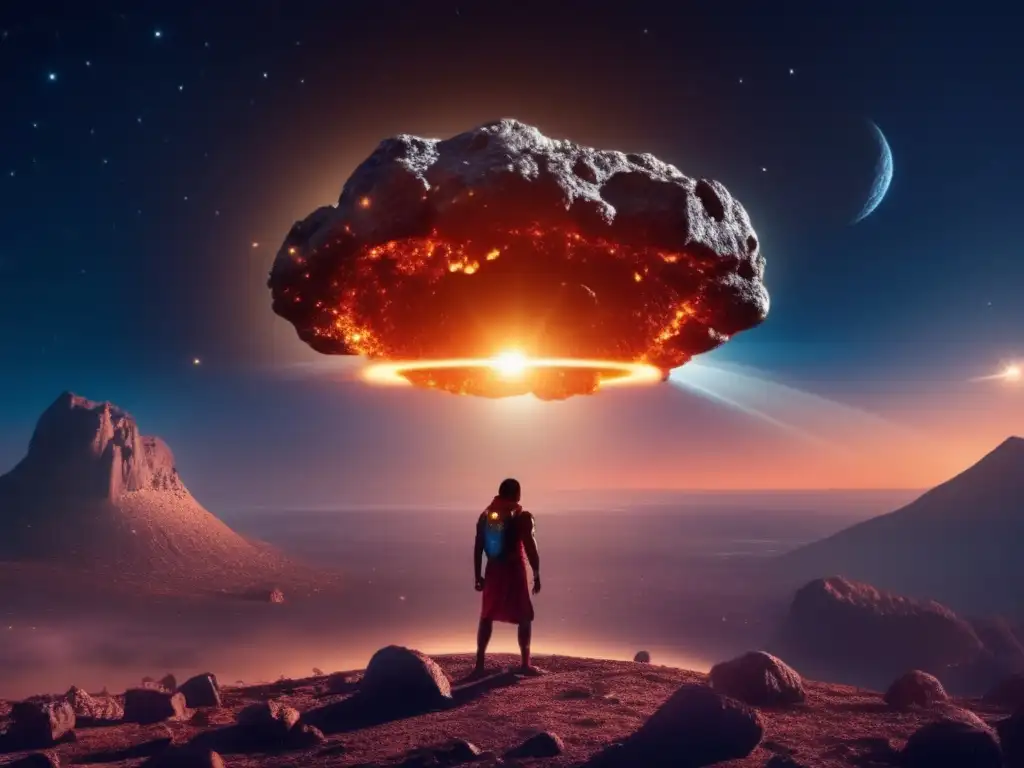 A fiery asteroid streaks through the sky, leaving a radiant trail in its wake, embodying the divine powers of asteroids in Hindu mythology