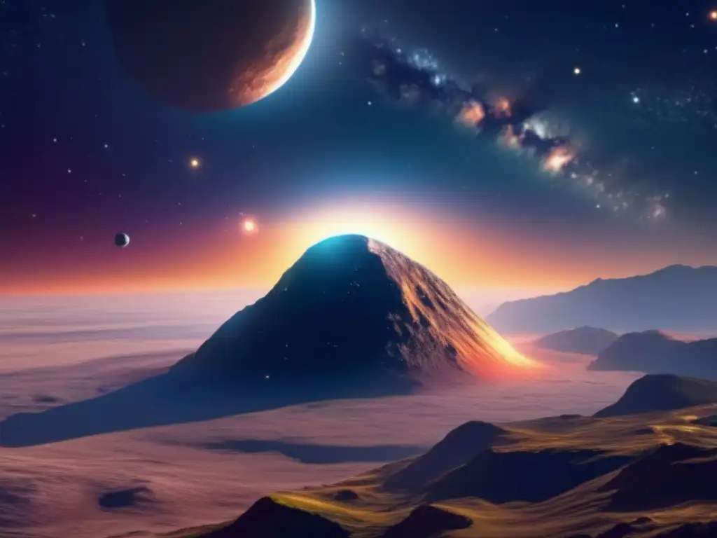 Photorealistic image of Asteroid Harmonia floating in space, with a dense, luminous background of stars and the sun peeking in the background