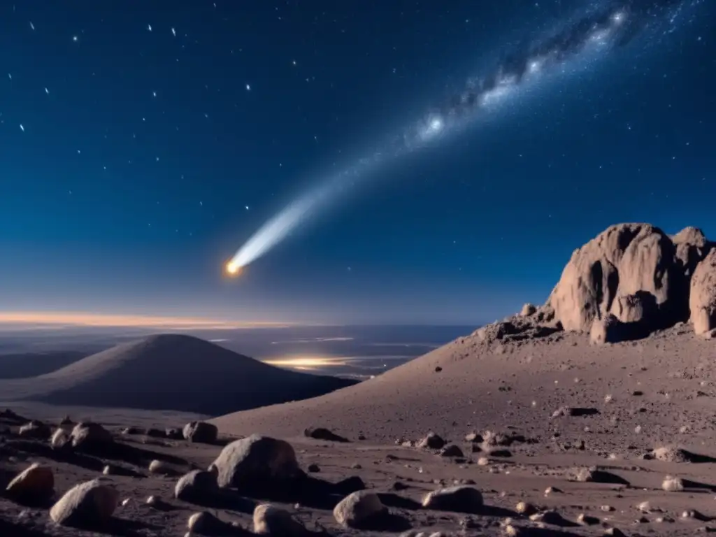 A surreal, photorealistic image of asteroid Hector, looming in the sky against a starlit backdrop