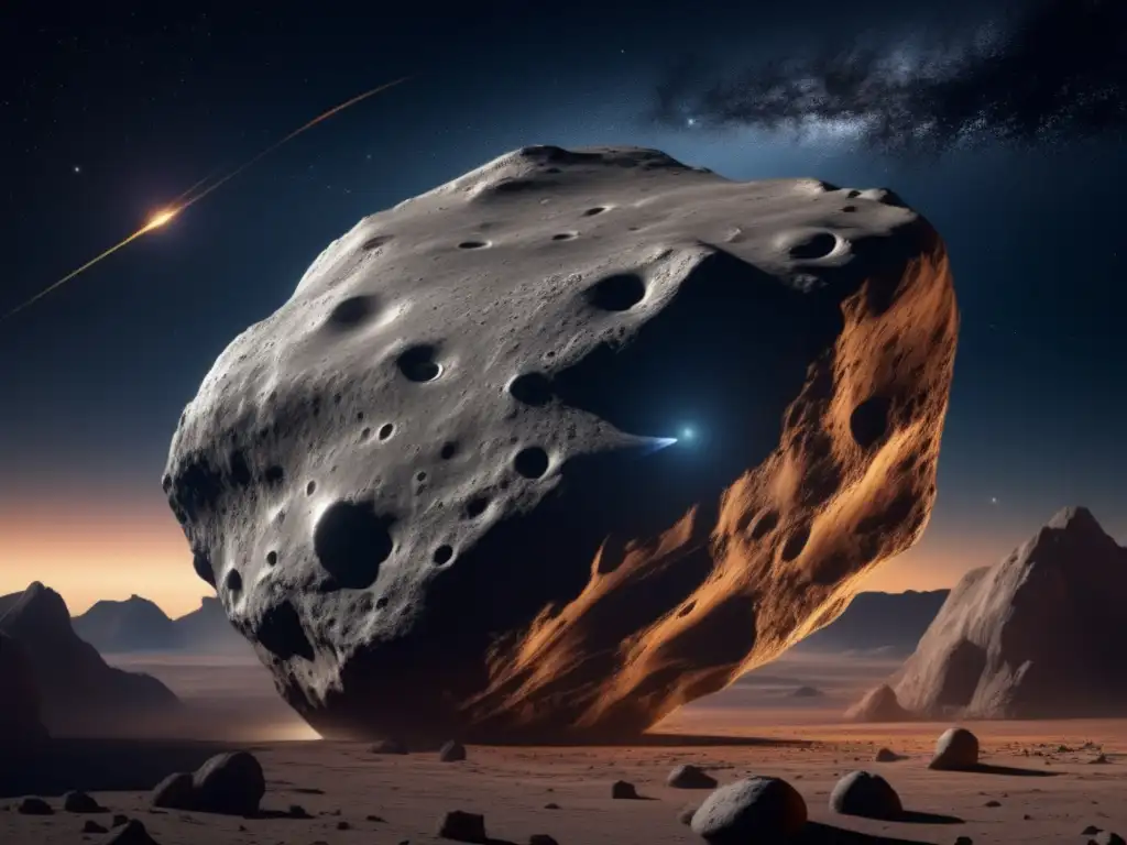 Dash: 'Closeup of Asteroid Hecuba's surface with unique features and geological formations, emphasizing vapor trails streaming away