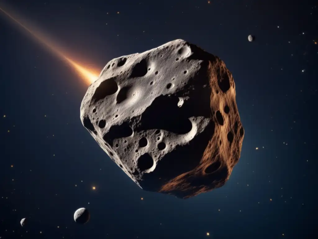 Hecuba's Enigmatic Glow: A Photorealistic Asteroid Orbit A stunningly detailed, photorealistic depiction of an asteroid resembling Hecuba, orbiting in the vastness of space