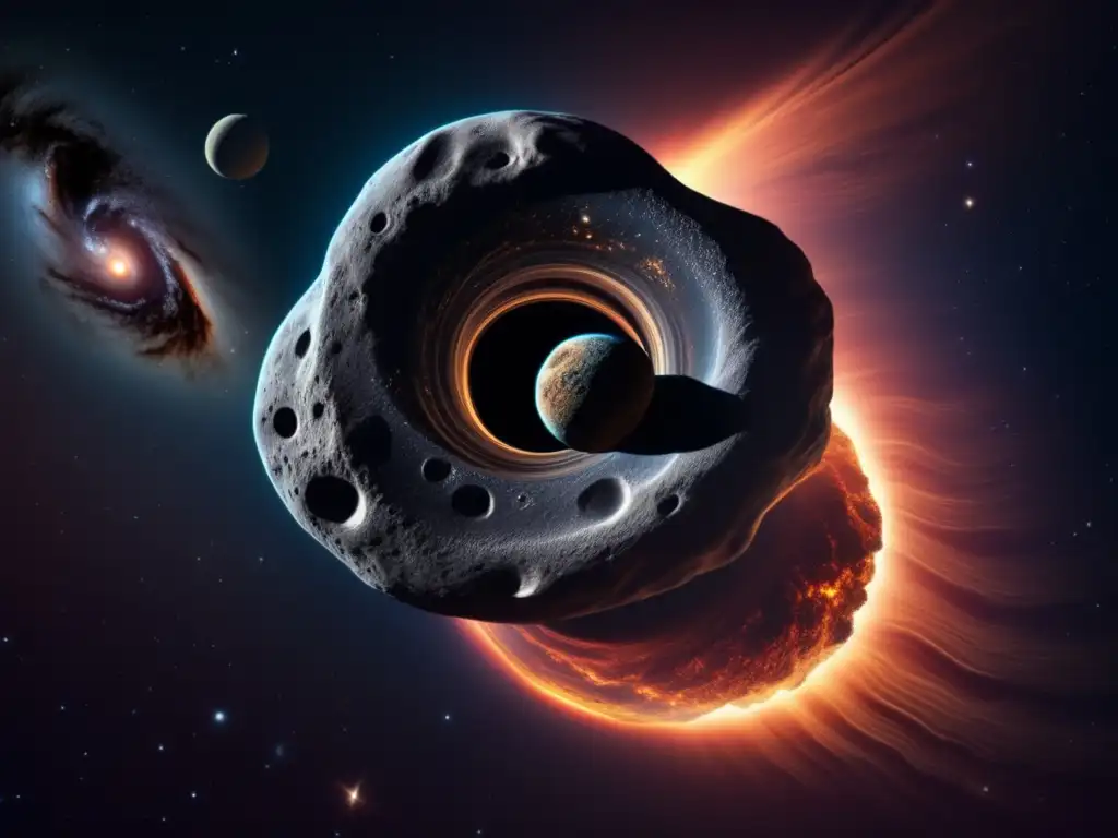 A breathtaking cosmic sight: A photorealistic asteroid, intricate and spiraling like a helix, glows against the vast darkness of space