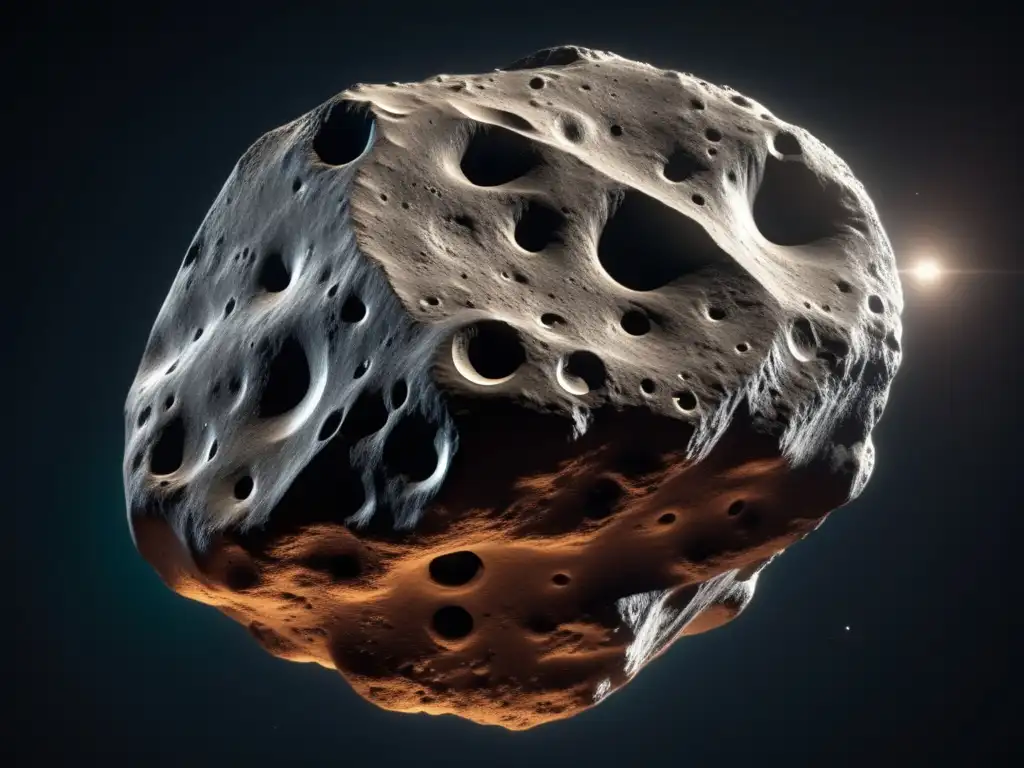 A photorealistic image of a large asteroid floating in the black void of space