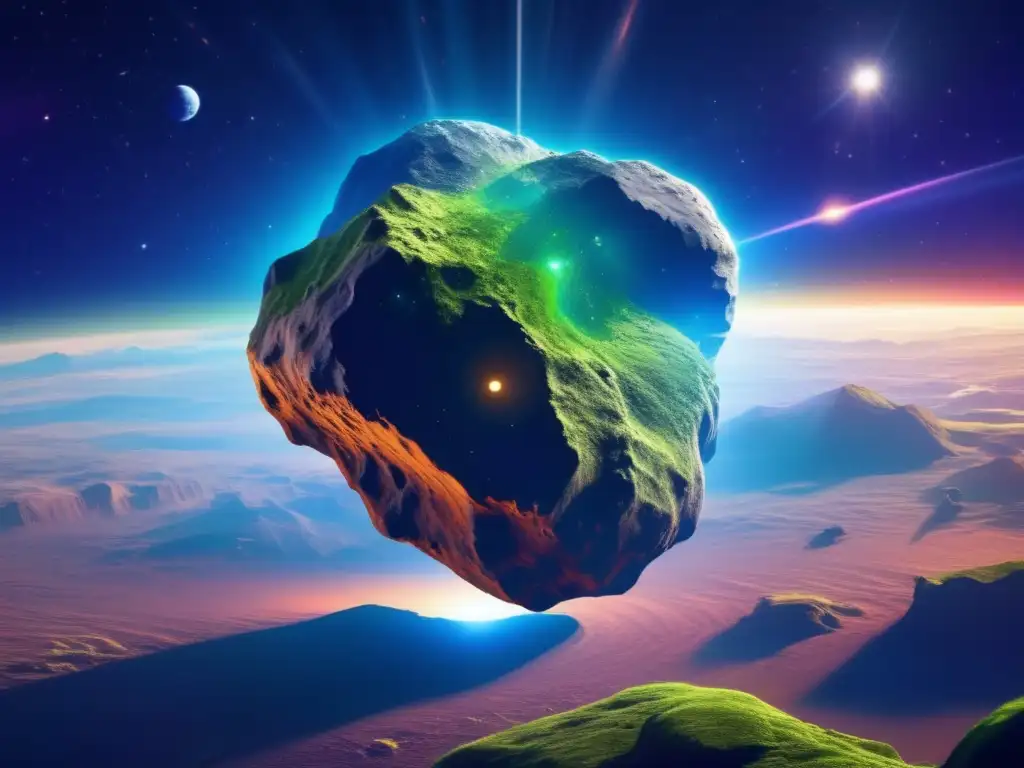 A breathtaking photorealistic image of an asteroid hovering in front of a lush green planet, surrounded by a vibrant and dynamic firmament