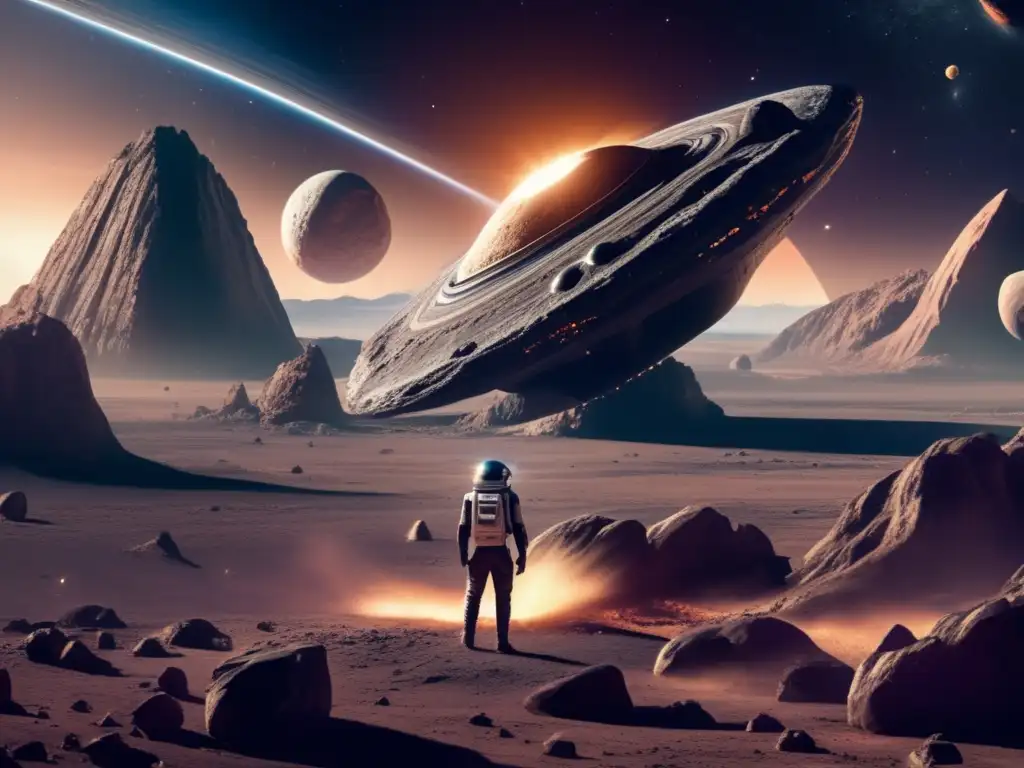 Nebula Chronicles: Asteroid Artifact A photorealistic depiction of a massive asteroid, adorned with craters, boulders, and ridges, zooming in to showcase an array of alien structures and symbols