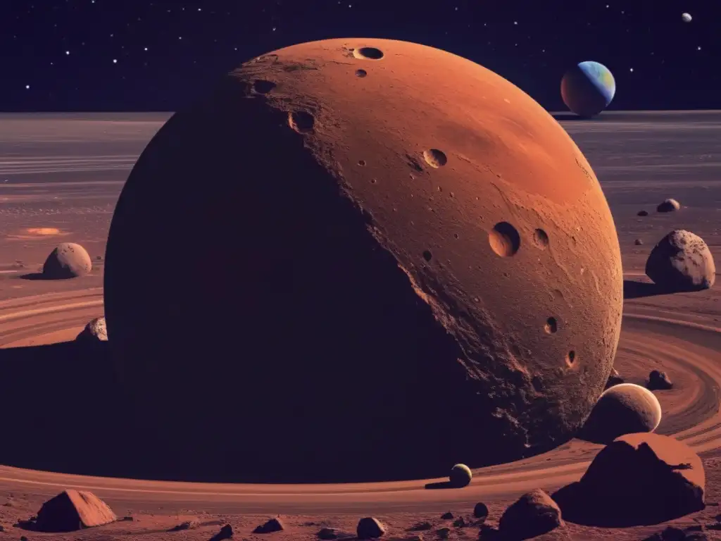 A large, reddish-brown spherical object orbits the outer planets of our solar system, with a rocky surface pockmarked with craters and boulders