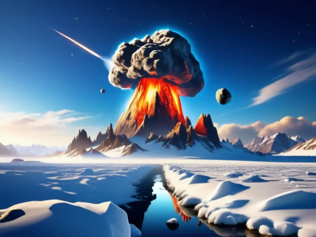 Asteroid Impact during Ice Age: Melting Glaciers and Flashing Floods -- Dash: Asteroid colliding with earth during ice age - dangerous, jagged metal rock with tail of debris and smoke