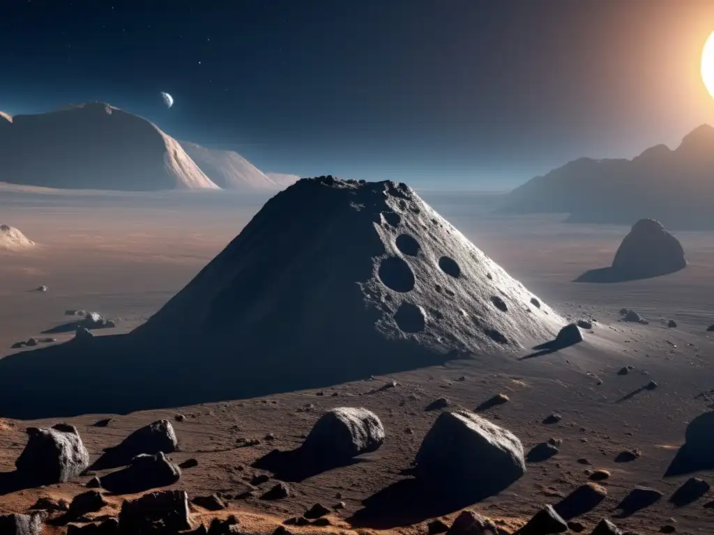 A photorealistic depiction of Asteroid Ida, with boulder-studded surface, deep craters, and jagged terrain in the sunlight, captured from a vantage point high above the asteroid