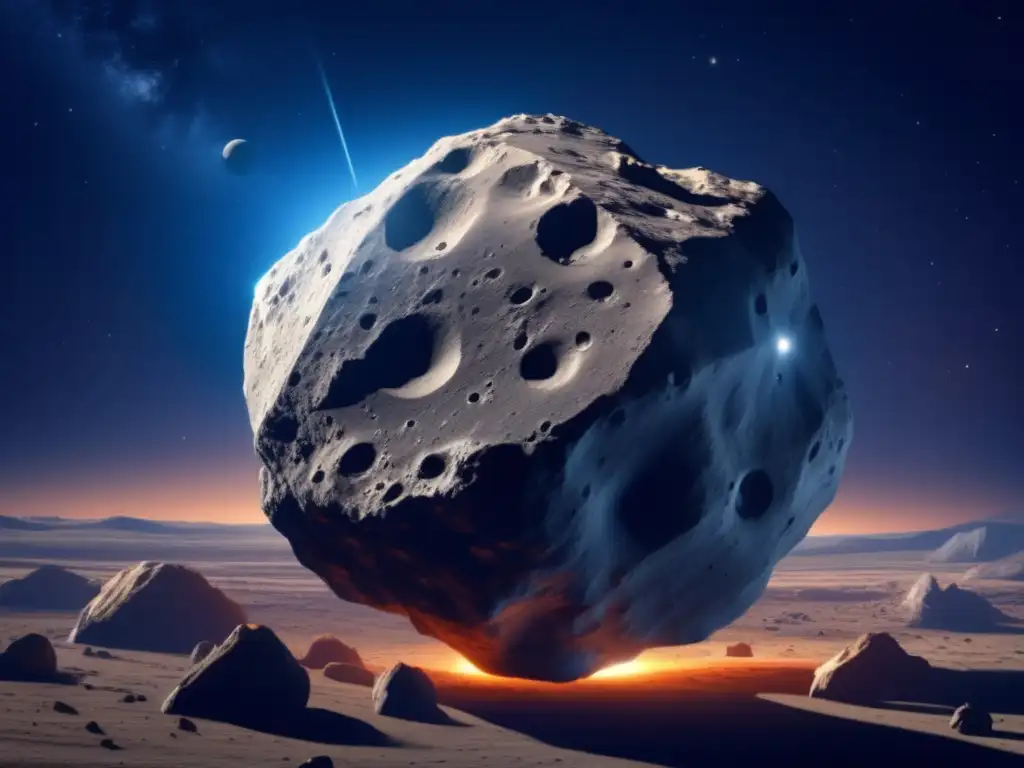 A photorealistic image of a looming asteroid, illuminated by a single spotlight in the top left corner