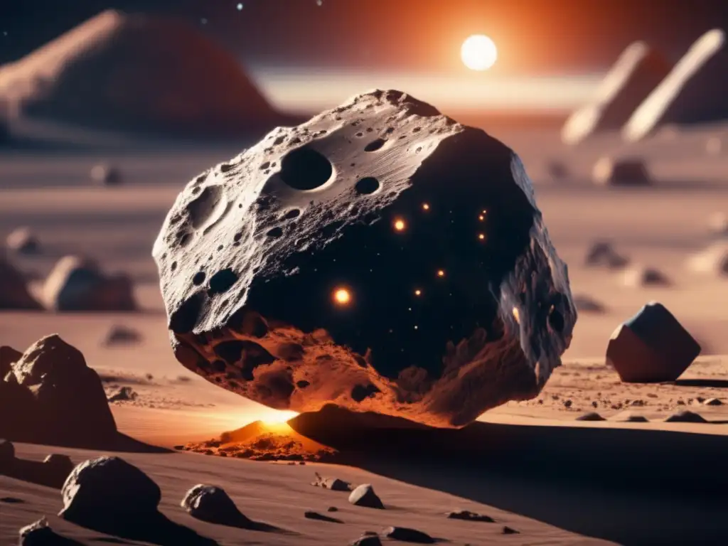 Illuminated asteroid showcasing intricate rock formations and textures, reflecting planet Earth in the background