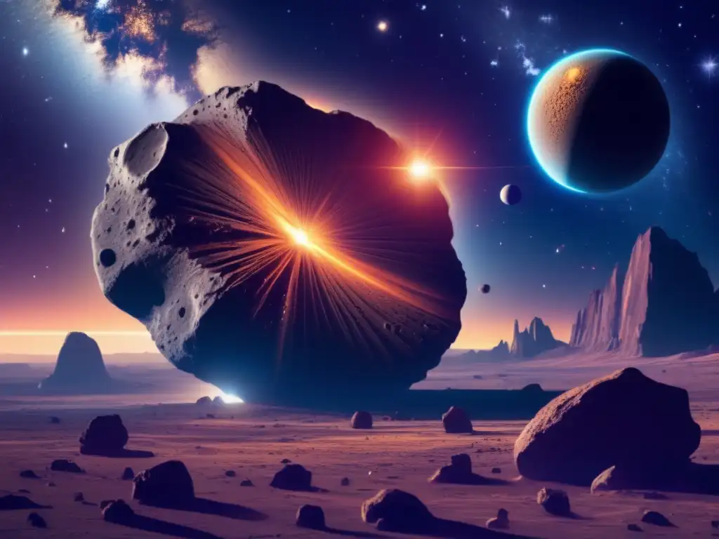 A massive asteroid streaks through space, illuminated by its jagged surface reflecting off a celestial body