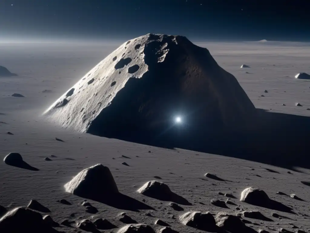 An asteroid's rugged exterior on full display, with fissures and cracks carved into its surface