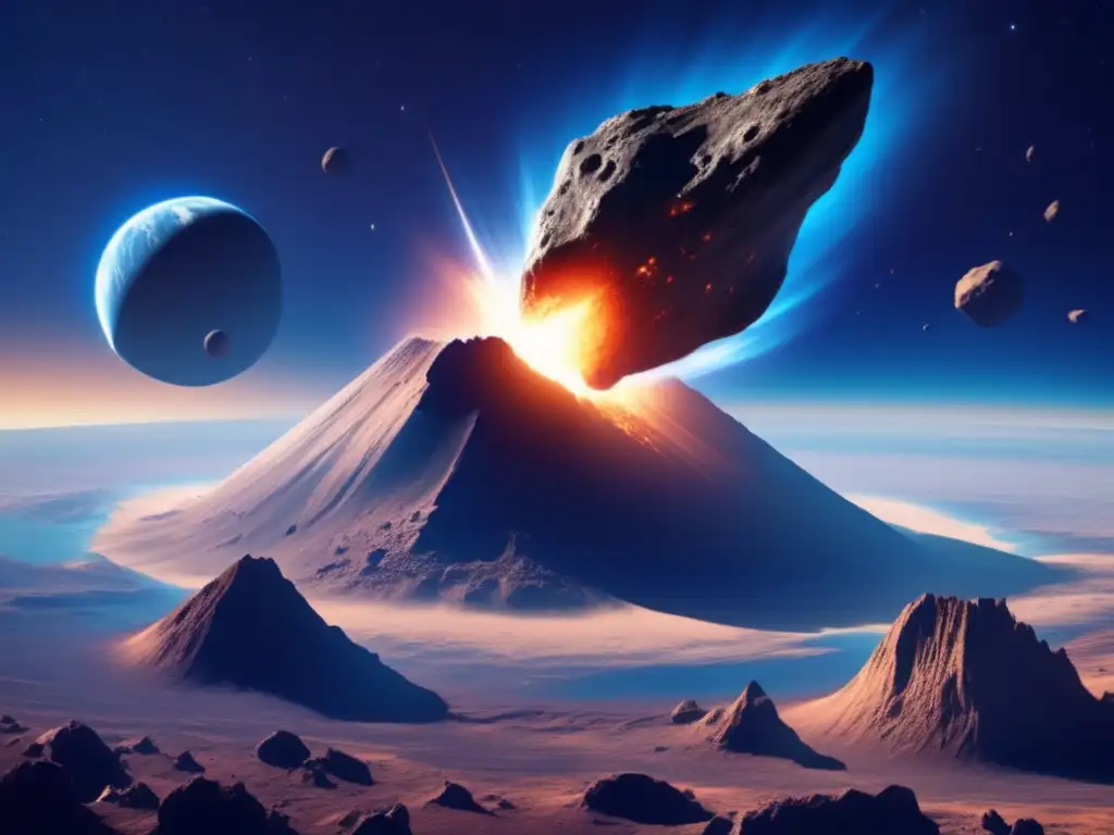 A colossal asteroid illuminated by the sun hurtles towards Earth, its jagged surface and debris trails highlighting its size