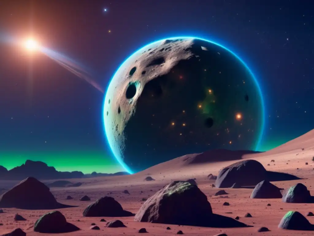 NASA Alpha Monocerotis A13 1993 WW - Photorealistic image of Euphrosyne asteroid orbiting pastel-colored star, with distant blue-green planet visible