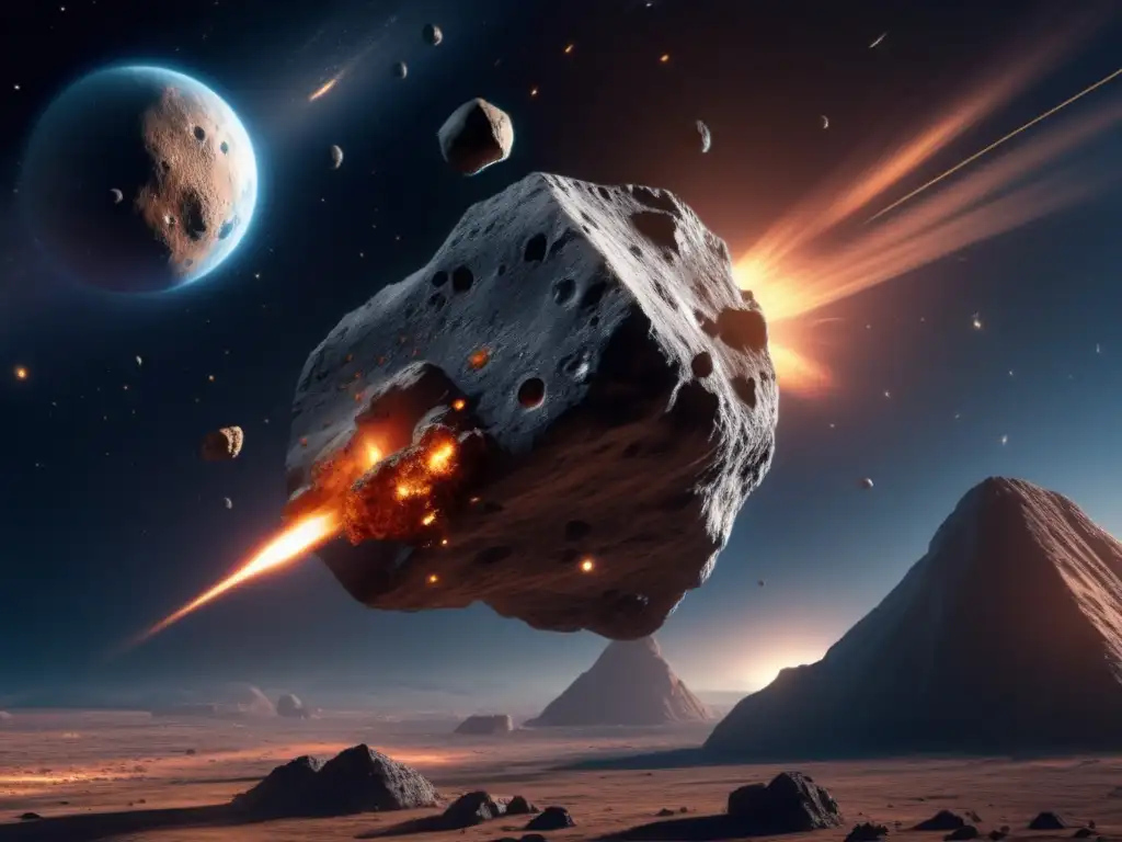 Intense Asteroid Impact: Photorealistic Image of Spacecraft vs A chilling visual of an asteroid in midair, ablaze with tracers, while a distant spacecraft darties to evade the relentless onslaught of cosmic fire
