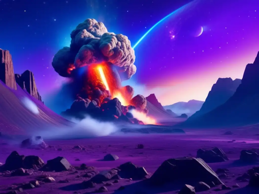 A massive asteroid strikes a densely packed tectonic plate, causing geological chaos with rifts, mountains, and volcanic activity