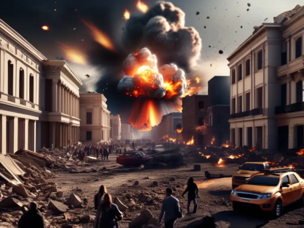 Destruction at Babylon: Photorealistic Image of Asteroid Impact A photorealistic depiction of the devastation caused by the catastrophic asteroid impact in ancient Babylon