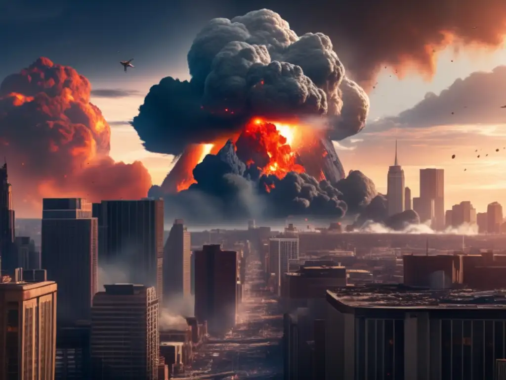 In the aftermath of an asteroid impact, a once-bustling city lies in ruins, smoke and debris billowing