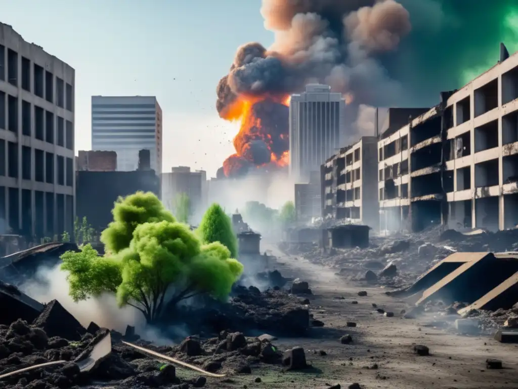 Dashed text: 'In the aftermath of an asteroid impact, this gritty city skyline lies in ruins
