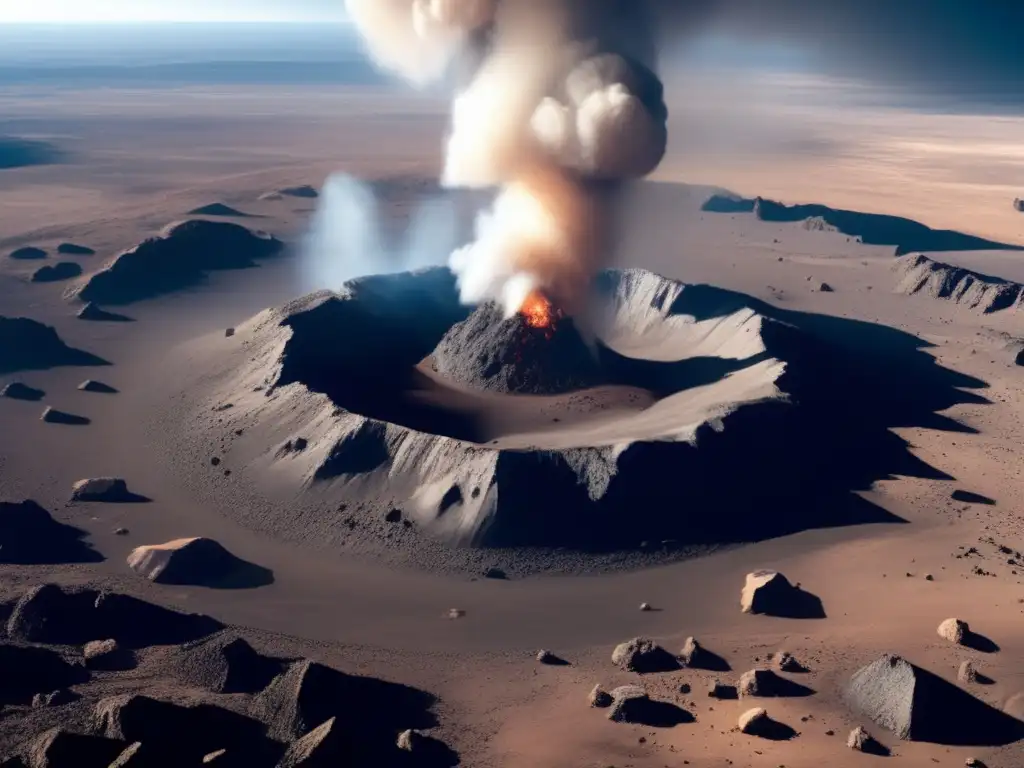 A stunning aerial shot of an asteroid impact site, with jagged craters dotting the rocky landscape