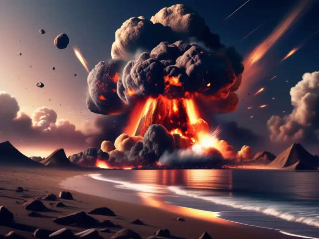 Dark clouds billow over the devastated Earth, smoke and ash from the aftermath of an asteroid strike engulfing the land