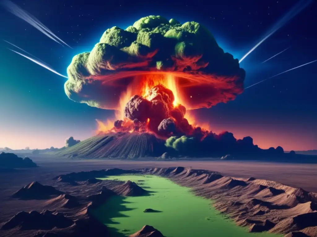 A large asteroid impact has shattered a green planet, leaving a massive crater that towers over the landscape