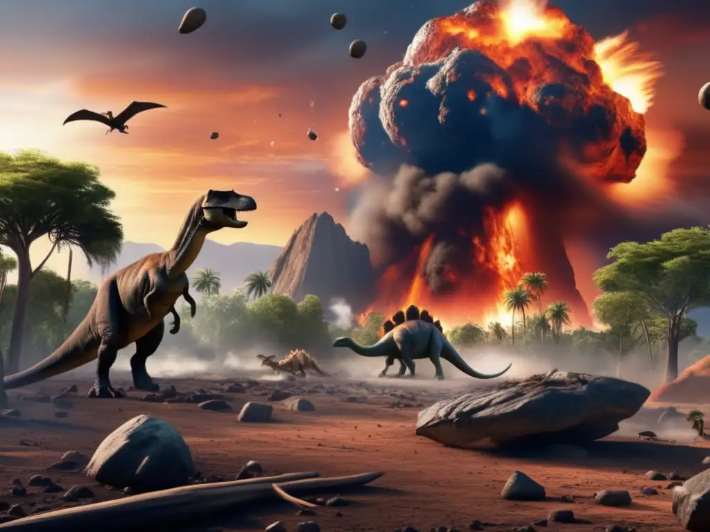 massive asteroid impact on prehistoric Earth A photorealistic image of a monstrous asteroid collision with Earth, causing devastation and extinction for a prehistoric world