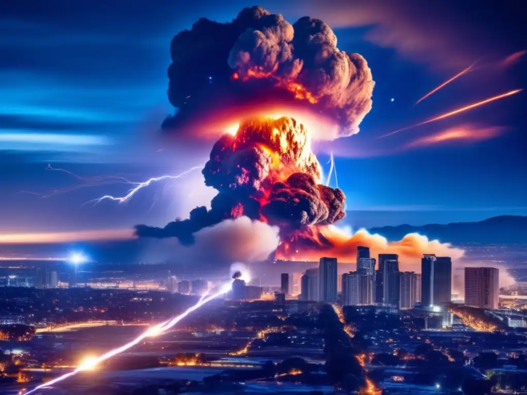 A detailed image of an asteroid streaking through the sky towards Earth, causing an explosion of smoke and debris that spreads across the horizon