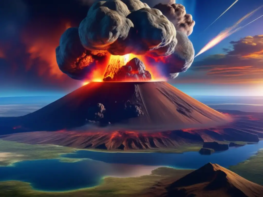 A massive asteroid crashes into Earth, creating a vibrant, photorealistic explosion that reflects the surrounding landscape's colors