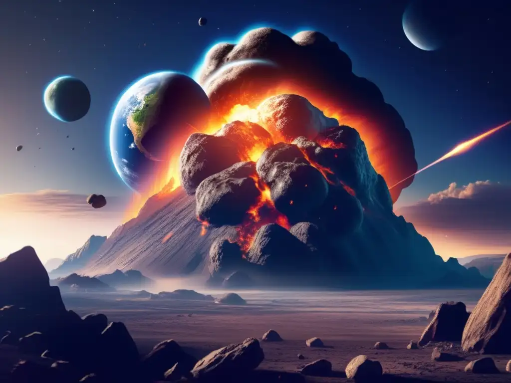 Asteroid strikes Earth, wiping out plant and animal life A photorealistic depiction of a monstrous asteroid crushing Earth, causing vast devastation and killing off all plant and animal life