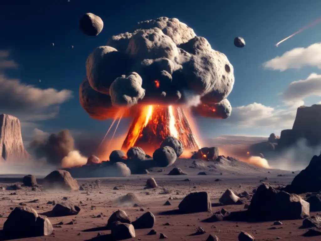 A breathtaking photorealistic depiction of an asteroid impact on Earth, with a vividly colored sky and crackled, shattered ground