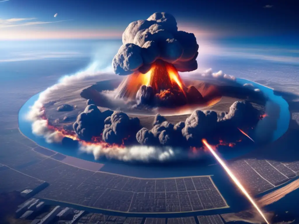 A photorealistic depiction of a massive asteroid impact on Earth, leaving a several-kilometerwide and deep crater surrounded by smoke and debris