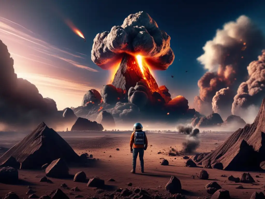 An asteroid strikes Earth in a photorealistic impact, causing smoke and debris to fly in all directions