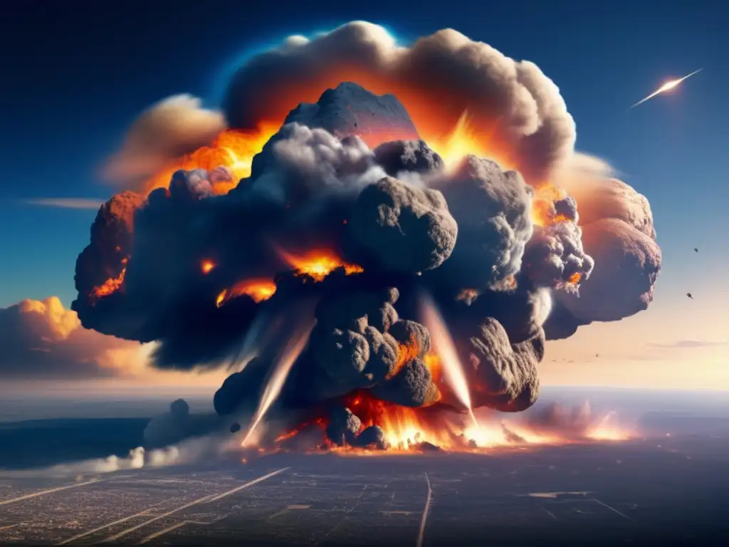 A haunting, photorealistic image of an asteroid impact on Earth, captured from an aerial perspective