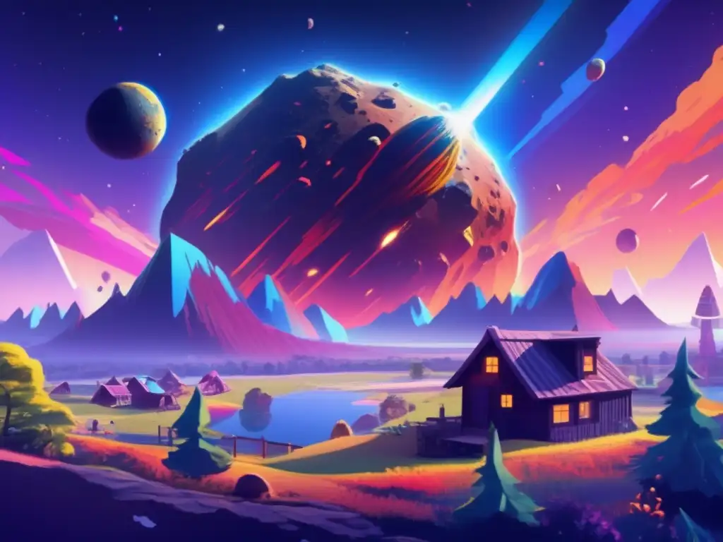 Asteroid Threatens Small Planet - Imminent Impact Awaits A large asteroid, refracting light and casting a kaleidoscope of colors, hurtles towards a small planet