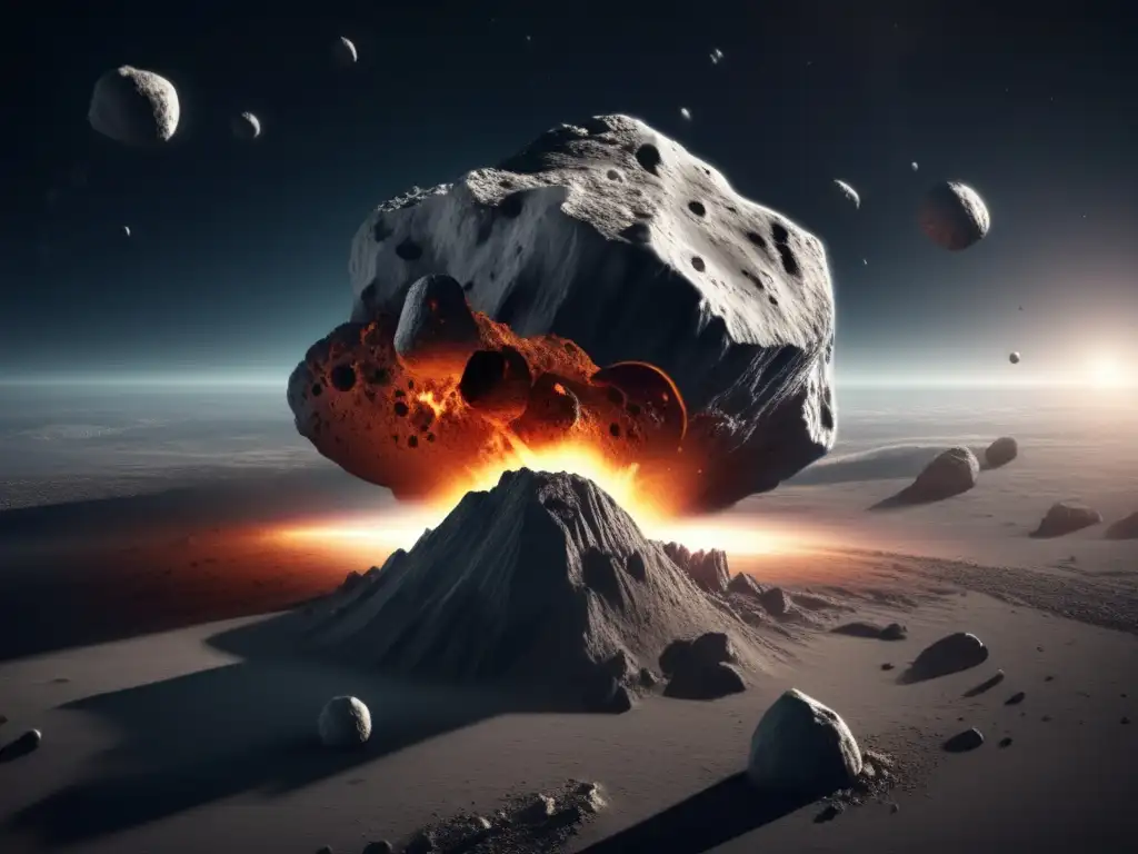 Metallic asteroid impact on a gray Earth, Mo, illuminates the sky from a distance, eliciting a mix of fear, wonder, and contemplation