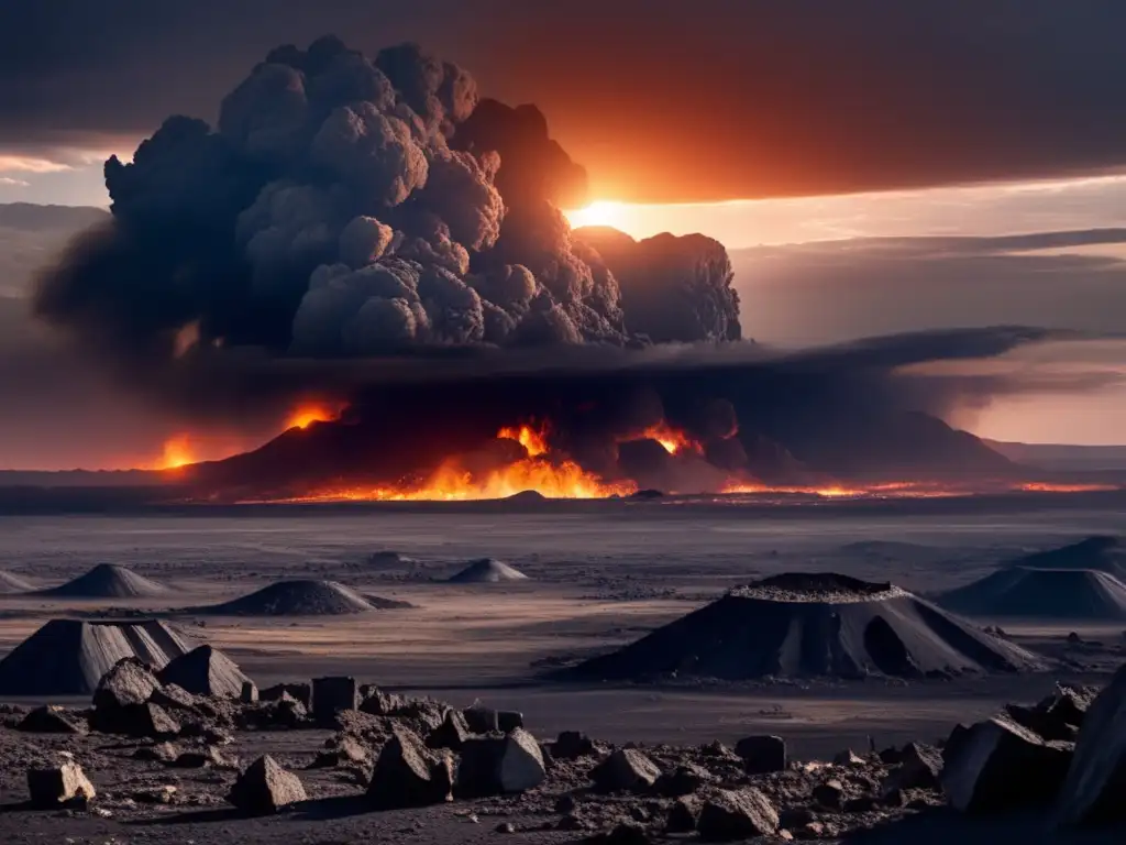 A post-apocalyptic world, ravaged by an asteroid impact, where a colossal crater stretches across the horizon, debris littering the surrounding area