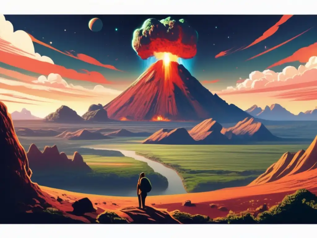 A dramatic photorealistic image depicts a barren, post-apocalyptic landscape where an asteroid impact has reshaped the terrain