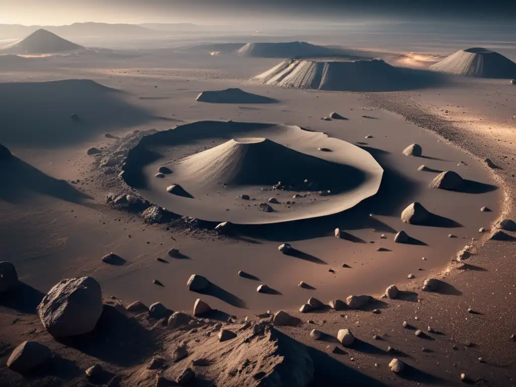 An asteroid strike has ravaged this barren landscape, leaving behind a cratered terrain and scattered rocks