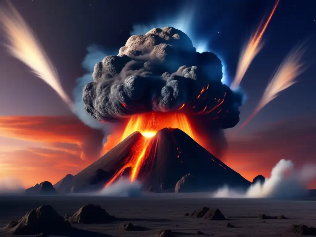Dash-A dark blue-gray asteroid with a white-hot crater erupts, surrounded by a swirling vortex of molten lava and rising smoke